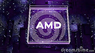 Processors graphics, digital data of network technology, CPU Processing. Motion. Advanced Micro Devices company logo Editorial Stock Photo