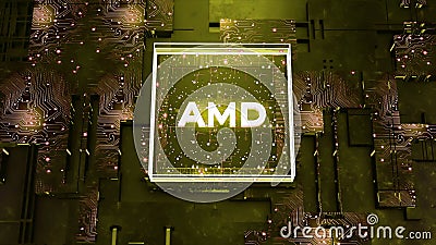 Processors graphics, digital data of network technology, CPU Processing. Motion. Advanced Micro Devices company logo Editorial Stock Photo