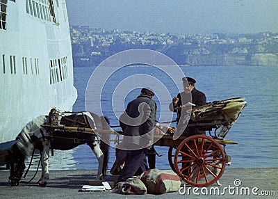 PROCIDA, ITALY, 1974 - Italian postman with cart and horse with postal sacks on the pier of Procida Editorial Stock Photo