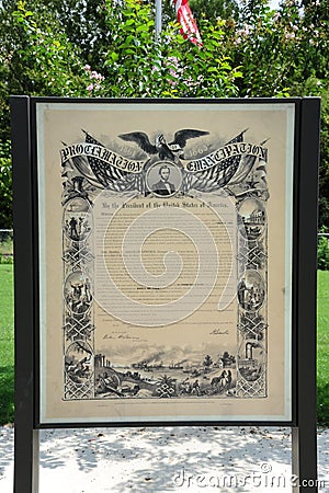 Proclamation Emancipation exhibit at the Freedom Park, Helena Arkansas. Editorial Stock Photo