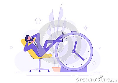 Procrastinating man sitting in the office with his legs up on an alarm watch. Procrastination and laziness concept. Vector Vector Illustration