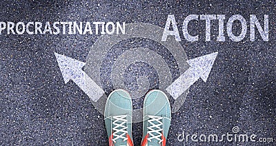 Procrastination and action as different choices in life - pictured as words Procrastination, action on a road to symbolize making Cartoon Illustration