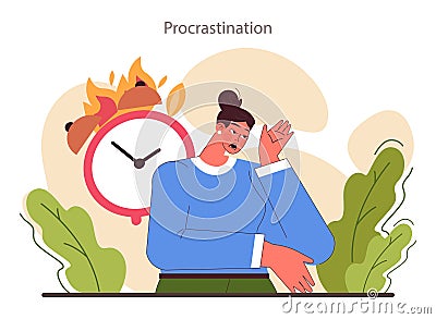 Procrastination. Bad time management skills. Lazy character postponing Vector Illustration
