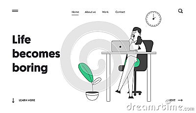 Procrastination, Business Laziness Website Landing Page. Procrastinating Lazy Businesswoman Employee Yawning Vector Illustration