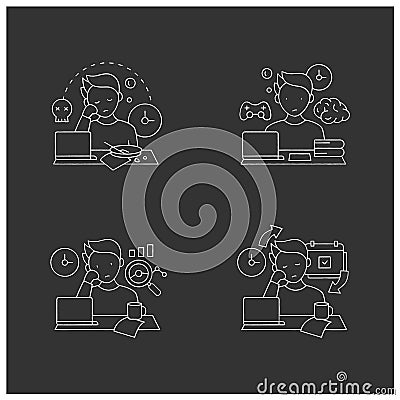 Procrastination chalk icons set Vector Illustration