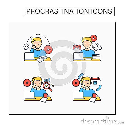 Procrastination color icons set Vector Illustration