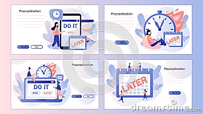 Procrastination concept. Do it later. Tiny people procrastinating instead of working. Screen template for landing page Vector Illustration