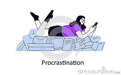 Procrastination concept. Lazy irresponsible unproductive person postponing, delaying work for later time, distracted by Vector Illustration