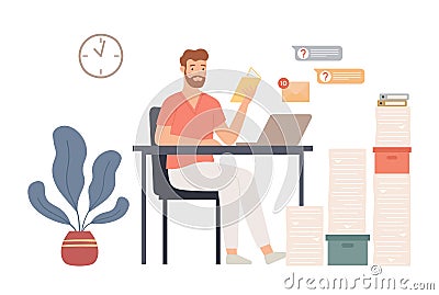 Procrastination concept. Male employee sitting at workplace and reading book. Unproductive worker postpone paperwork Vector Illustration