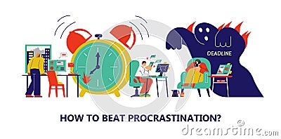 Procrastination, deadline and inefficient use of time banner, flat vector. Vector Illustration