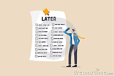 Procrastination, do it later, laziness to postpone every work tasks to later check list concept, frustrated businessman office Vector Illustration