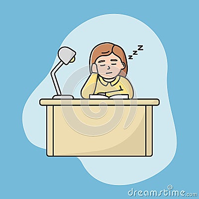 Procrastination, Education Concept. Tired Student Girl Fall Asleep On Desk During Lecture In Univercity Or At Home Vector Illustration