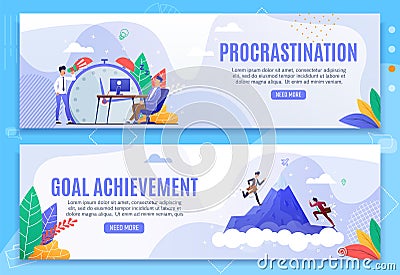 Procrastination and Goal Achievement Banner Set Vector Illustration