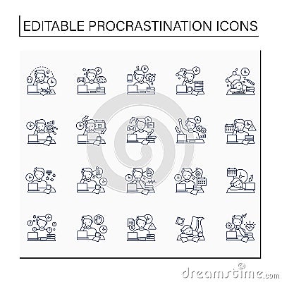 Procrastination line icons set Vector Illustration