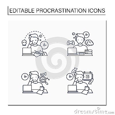 Procrastination line icons set Vector Illustration