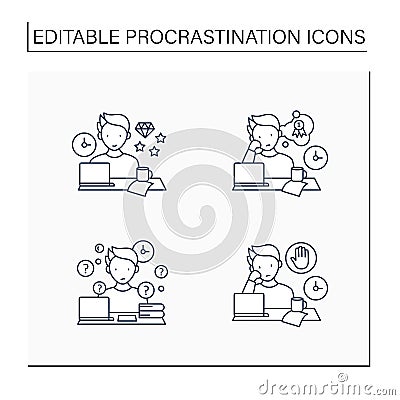 Procrastination line icons set Vector Illustration