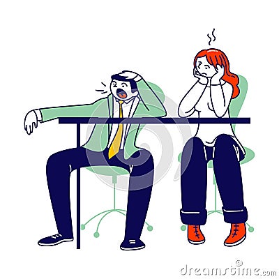 Procrastination, Overwork Burnout Symptoms Concept. Lazy, Boring or Tired Business Man and Woman Characters Vector Illustration