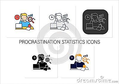 Procrastination statistics icons set Vector Illustration