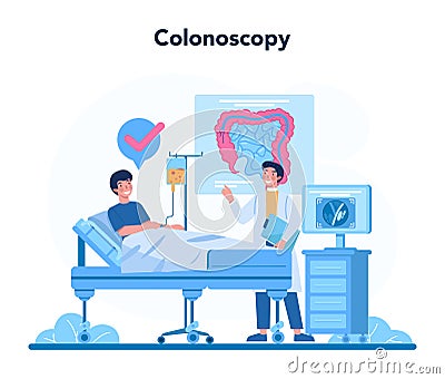 Proctologist concept. Doctor examine intestine, colonoscopy. Idea of health Vector Illustration