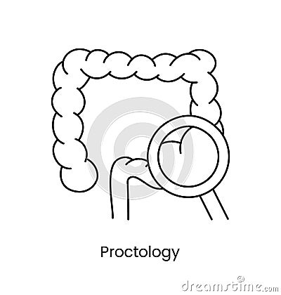Proctology icon line in vector, illustration of bowel with magnifying glass. Vector Illustration