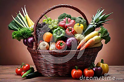 Produce fresh vegetables fruit wholesome healthy food basket Cartoon Illustration