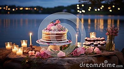 Produce a serene lakeside birthday party with a cake Stock Photo