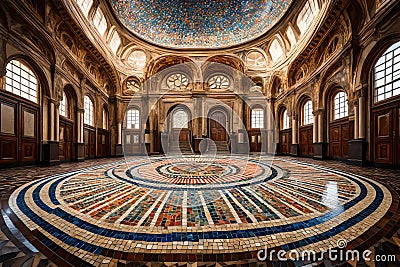 A wide-angle shot of a mosaic podium in a grand hall, with striking symmetry and a unique blend of colors in the mosaic Stock Photo