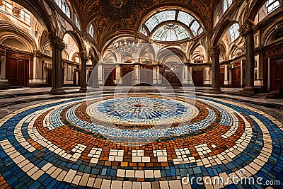 Produce a wide-angle shot of a mosaic podium in a grand hall, Stock Photo