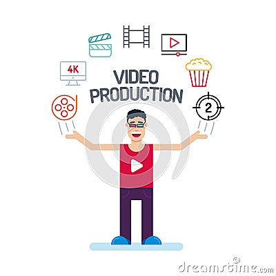 A producer man character in red tees and glass with his hands up. Video cinema movie Icons are arranged in a semicircle above the Stock Photo