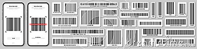 Product barcodes collection. Smartphone application, scanner app. Identification tracking code. Serial number, product Stock Photo