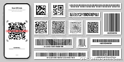 Product barcodes and QR codes. Smartphone application, scanner app. Identification tracking code. Serial number, product Vector Illustration