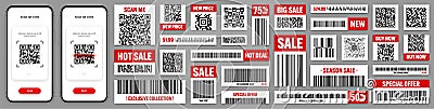 Product barcodes and QR codes. Smartphone application, scanner app. Sale stickers, discount label or promotional badge Vector Illustration