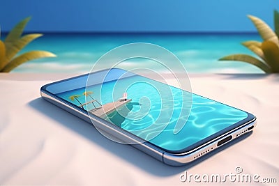 mock holiday up palm summer sand sea phone creative concept cyber. Generative AI. Stock Photo