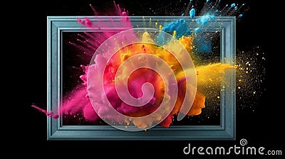 Product display frame with colorful powder paint explo. Generative AI Stock Photo