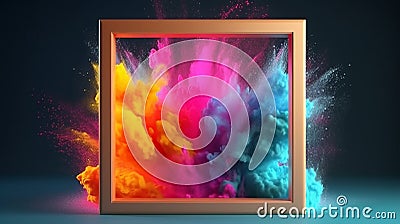 Product display frame with colorful powder paint explo. Generative AI Stock Photo
