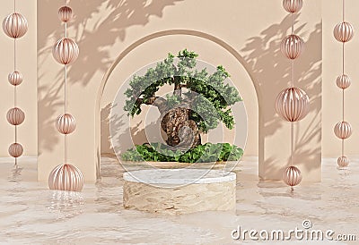 Product display podium for cosmetic showcase with water and tree Stock Photo