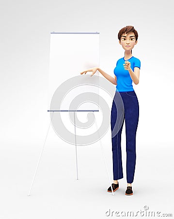 Product Flip-Chart Mockup and Blank Board with Serious and Strict Jenny - 3D Cartoon Female Character in Casual Clothes Stock Photo