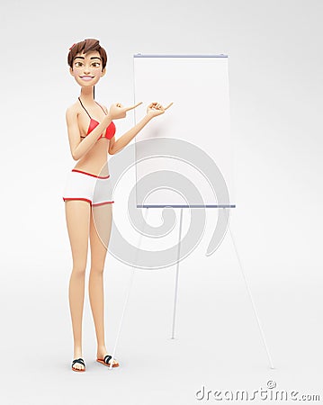 Product Flip-Chart Mockup and Blank Board with Smiling Jenny - 3D Cartoon Female Character in Swimsuit Bikini Stock Photo