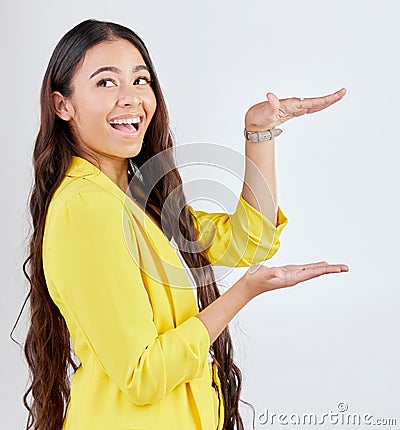 Product gesture, business and happy woman presentation of corporate service, promo notification or brand announcement Stock Photo