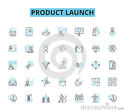 Product launch linear icons set. Unveil, Release, Introduction, Debut, Launch, Premiere, Rollout line vector and concept Vector Illustration