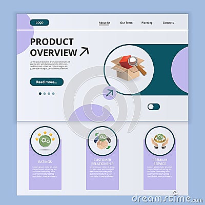 Product overview flat landing page website template. Ratings, customer relationship, premium service. Web banner with Vector Illustration