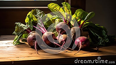 Product photography of beets, fresh vegetable in bunch on a wooden table. Play of light and shadow Stock Photo