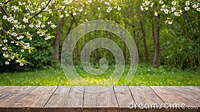 Product placement. summer with vibrant outdoor setting. Rustic wooden table offers blank canvas for product displays or creative Stock Photo