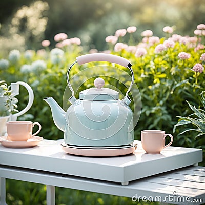 a product podium adorned with a delicate metallic kettle inspired by Dieter Rams, set amidst a garden scene with soft pastel Stock Photo
