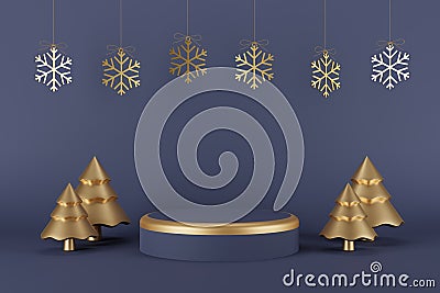 Product Podium Christmas and New Year Concept with Christmas Tree and Snowflake. Cartoon Illustration