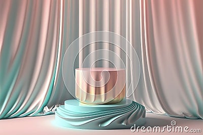 Product podium, pastel colors and curtain. Product presentation stand Stock Photo