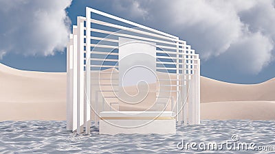 Product podium on water and sand dunes Stock Photo