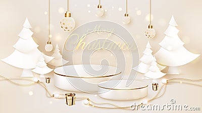 Product podium with white christmas tree with lamp, gift box, ball and blurred and bokeh element. Vector Illustration