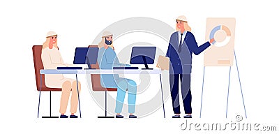 Product presentation concept. Man near board in office, professional exam training or business meeting. Arab businessman Vector Illustration