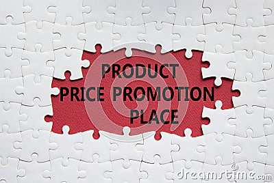 Product Price Promotion Place symbol. White puzzle with words Product Price Promotion Place. Beautiful red background. Business Stock Photo